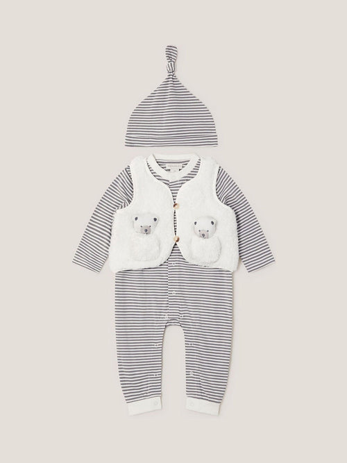 Monsoon White Newborn Polar Bear Gilet & Sleepsuit Set image 1