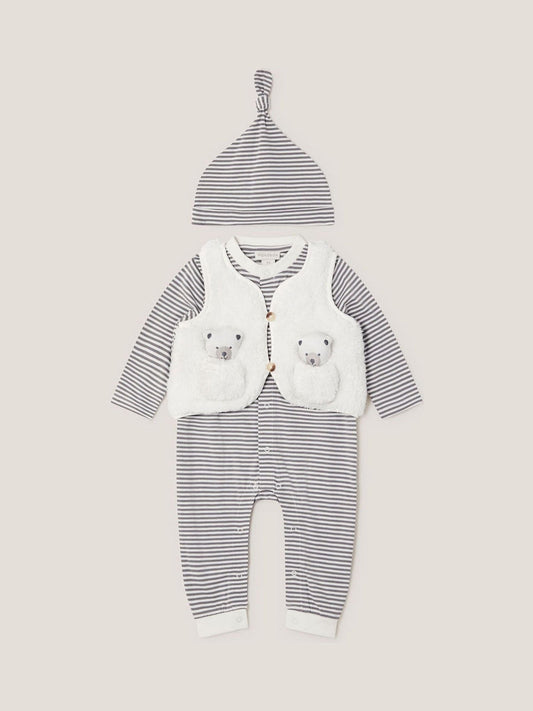 Monsoon White Newborn Polar Bear Gilet & Sleepsuit Set image 1