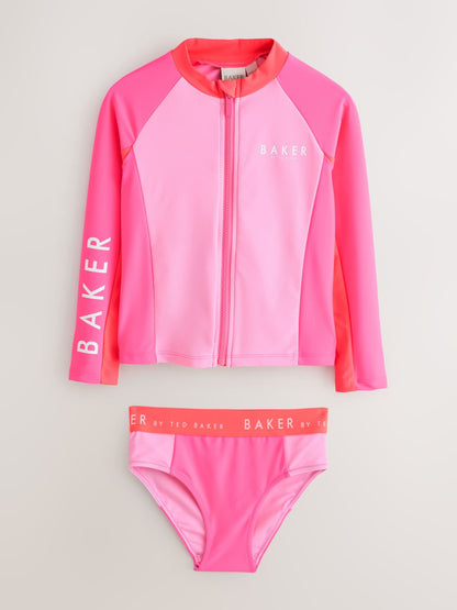 Baker by Ted Baker 3 Piece Pink Colour Block Rash Vest and Bikini Set image 1