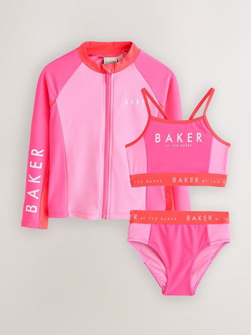 Dsiney Kidz - Baker by Ted Baker 3 Piece Pink Colour Block Rash Vest and Bikini Set image 1