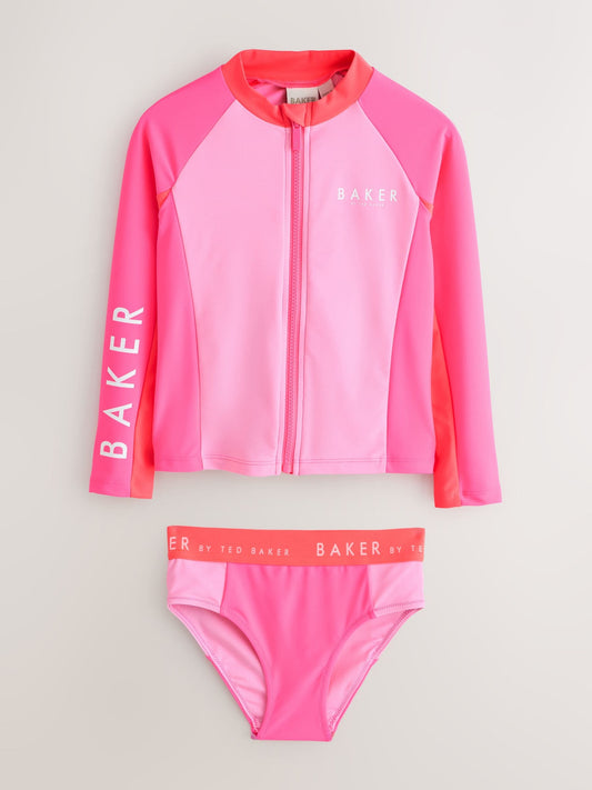 Dsiney Kidz - Baker by Ted Baker 3 Piece Pink Colour Block Rash Vest and Bikini Set image 2