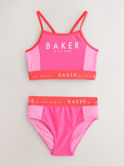 Baker by Ted Baker 3 Piece Pink Colour Block Rash Vest and Bikini Set image 3