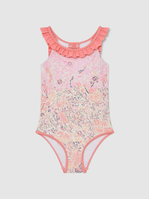 Reiss Pink Print Zuri 3-9 yrs Floral-Print Frill-Trim Swimsuit image 1