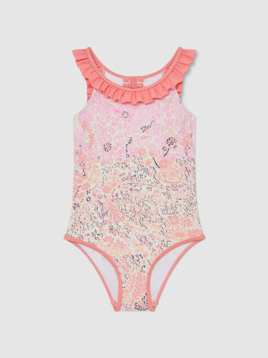 Reiss Pink Print Zuri 3-9 yrs Floral-Print Frill-Trim Swimsuit image 1