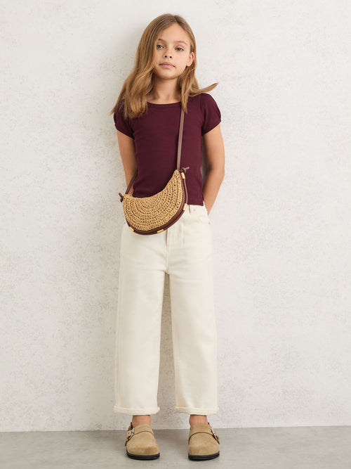 Reiss Burgundy Gracie 3-9 yrs Stretch-Cotton Ribbed Puff-Sleeve Top image 1