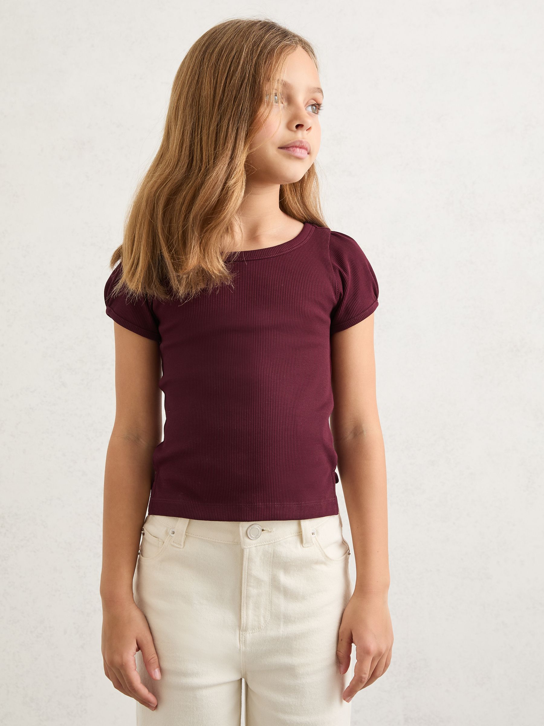 Reiss Burgundy Gracie 3-9 yrs Stretch-Cotton Ribbed Puff-Sleeve Top image 3
