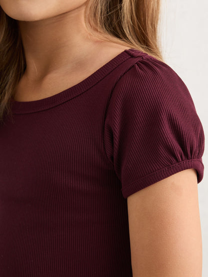 Reiss Burgundy Gracie 3-9 yrs Stretch-Cotton Ribbed Puff-Sleeve Top image 4
