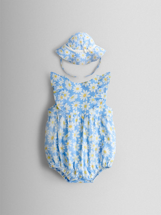 JoJo Maman Bébé Blue Daisy Seersucker Frill Romper & Hat Set image 1