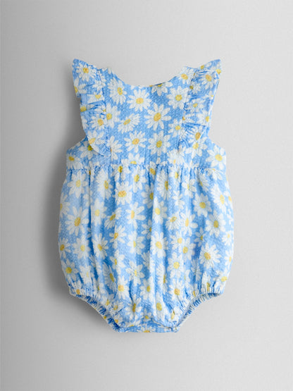 JoJo Maman Bébé Blue Daisy Seersucker Frill Romper & Hat Set image 2