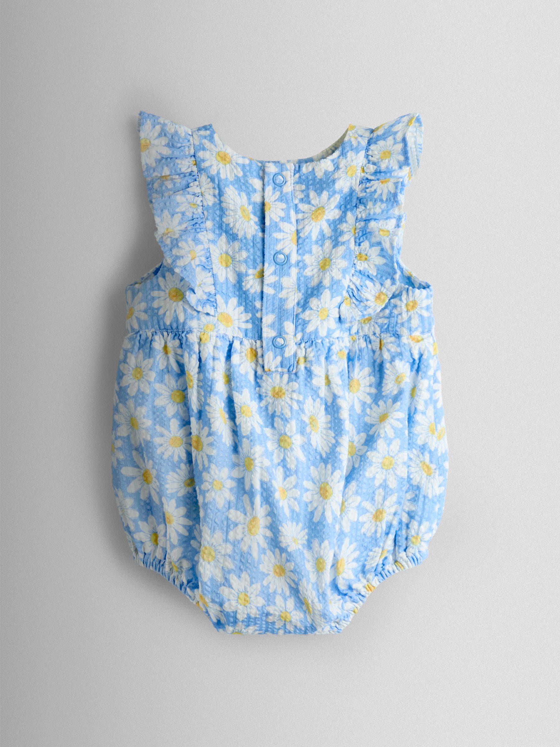 JoJo Maman Bébé Blue Daisy Seersucker Frill Romper & Hat Set image 3