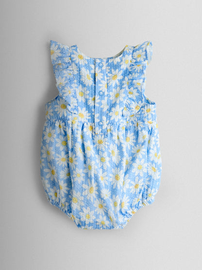 JoJo Maman Bébé Blue Daisy Seersucker Frill Romper & Hat Set image 3