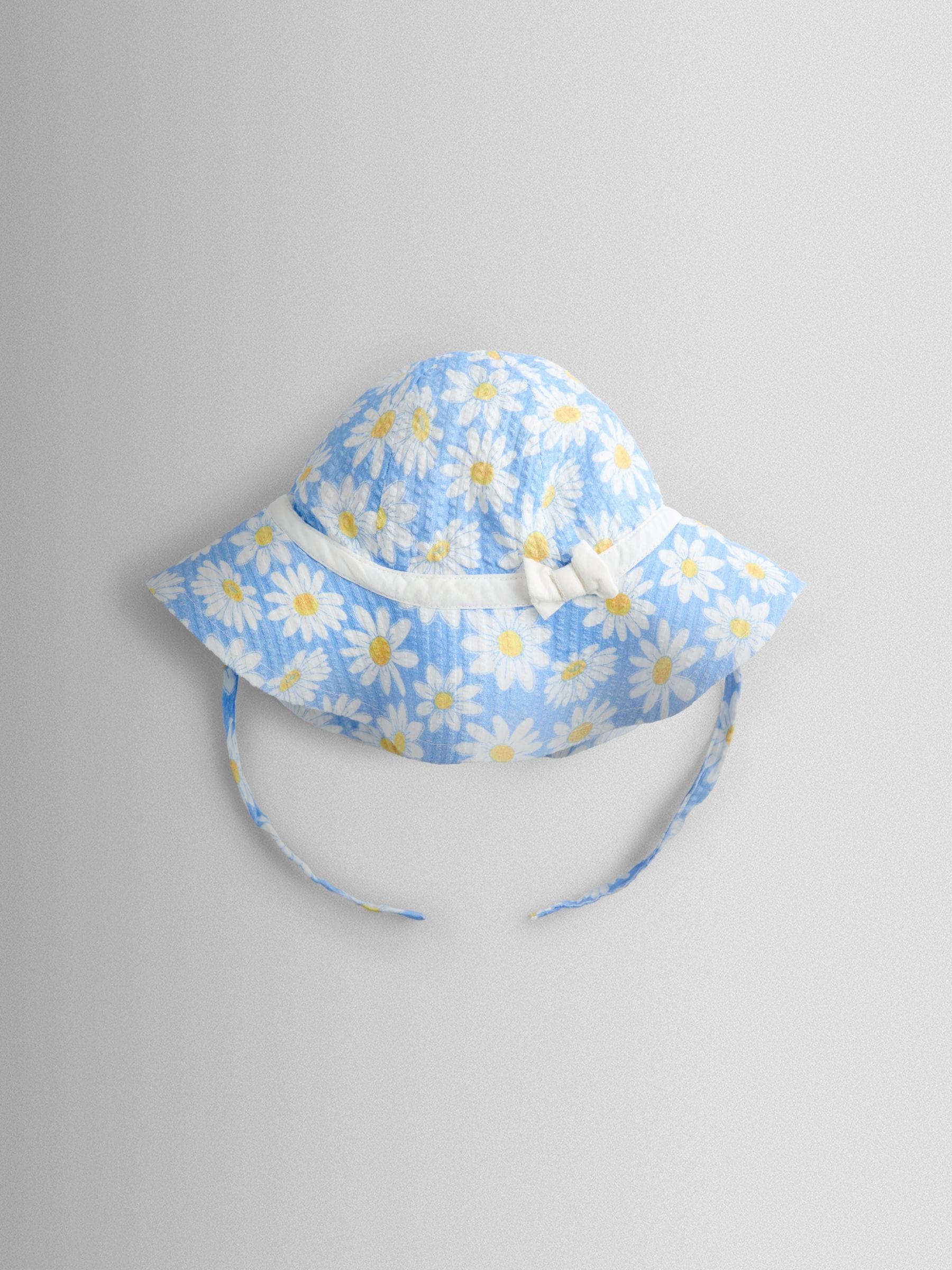 JoJo Maman Bébé Blue Daisy Seersucker Frill Romper & Hat Set image 4