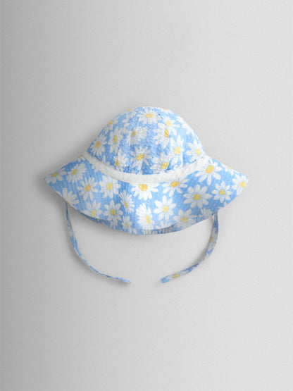 JoJo Maman Bébé Blue Daisy Seersucker Frill Romper & Hat Set image 5
