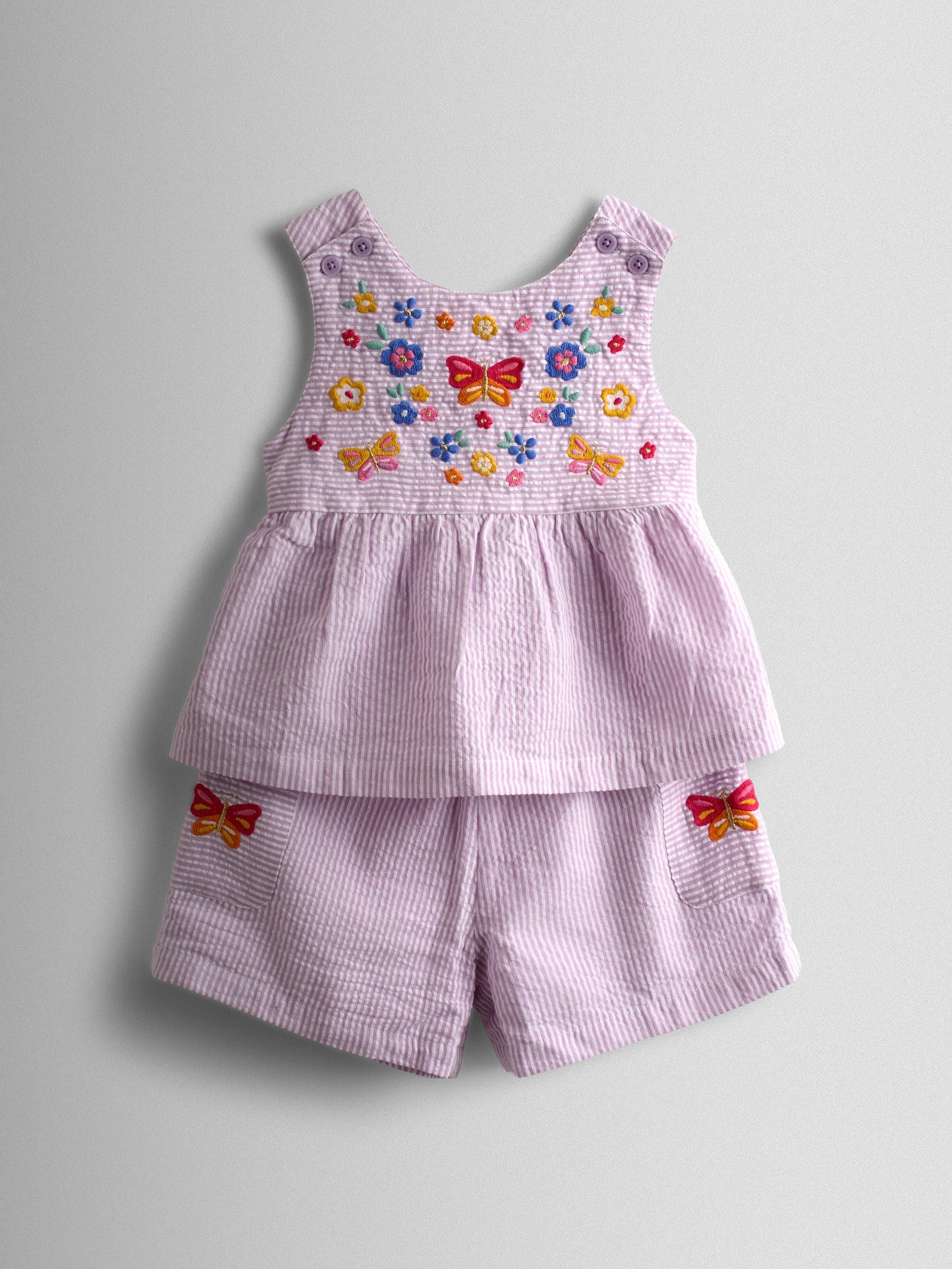 JoJo Maman Bébé Lilac Purple Butterfly Cross Back Embroidered Top & Short Set image 1