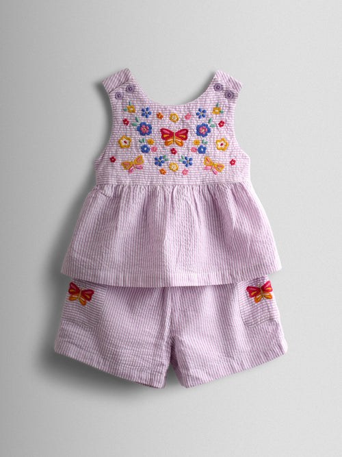 JoJo Maman Bébé Lilac Purple Butterfly Cross Back Embroidered Top & Short Set image 1