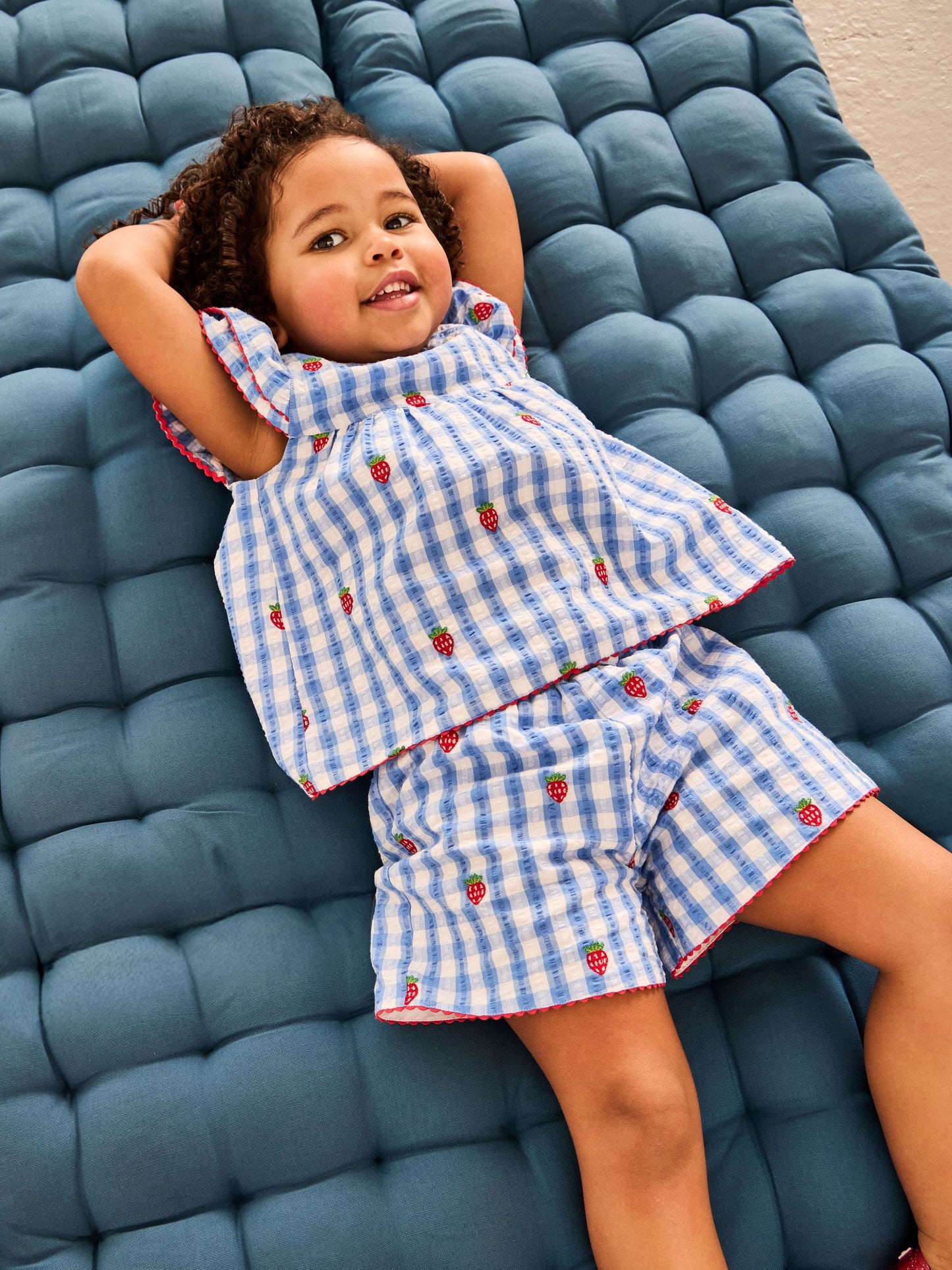 JoJo Maman Bébé Blue Gingham Strawberry Frill Sleeve Embroidered Top & Short Set image 1