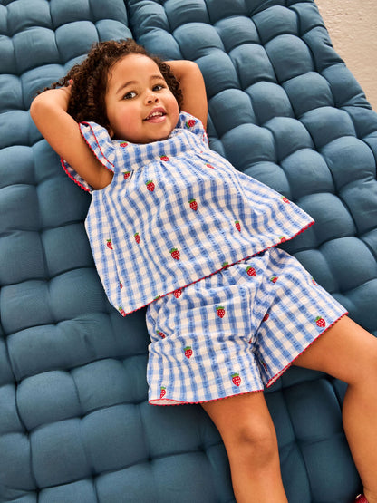 JoJo Maman Bébé Blue Gingham Strawberry Frill Sleeve Embroidered Top & Short Set image 1