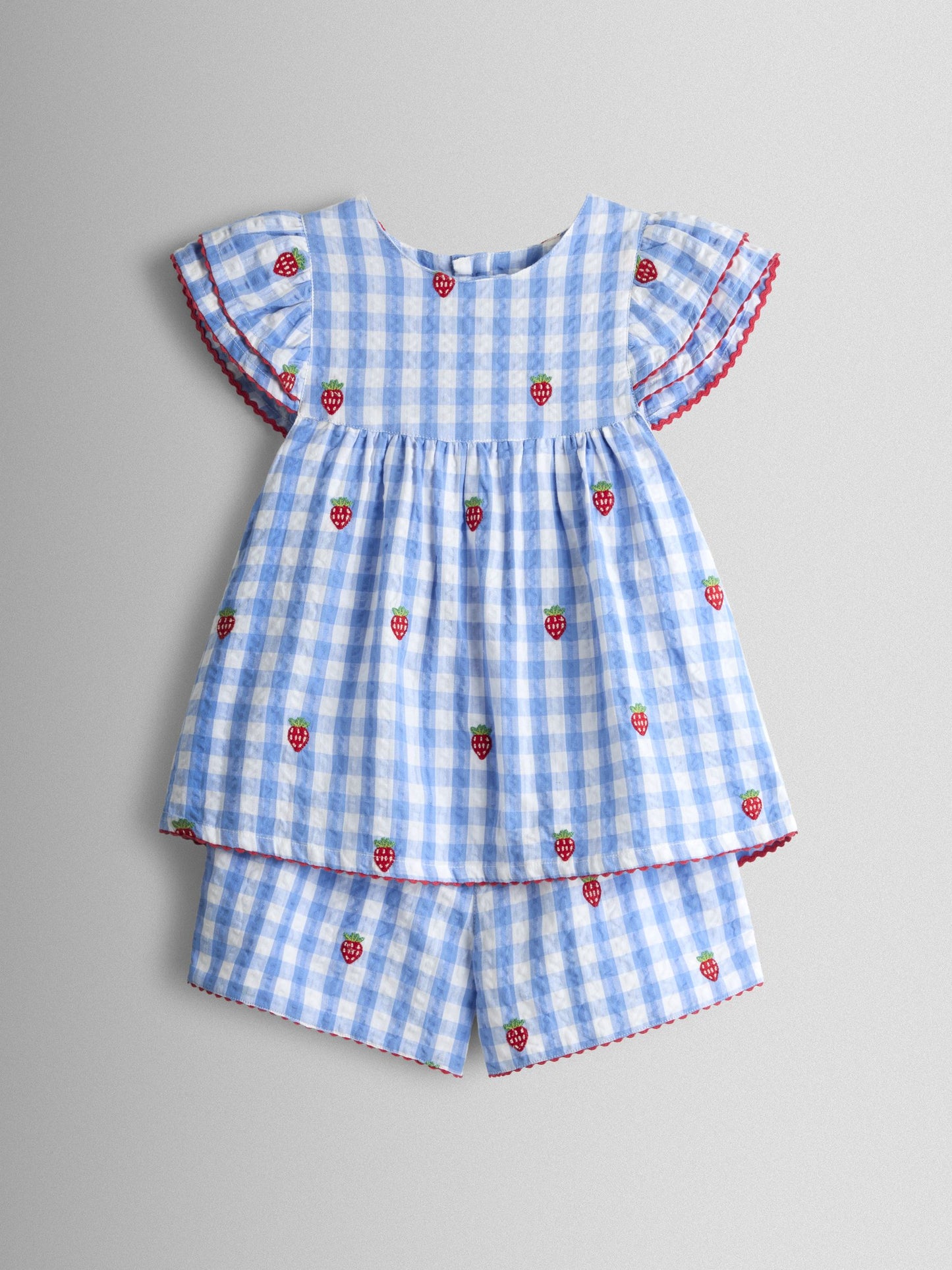 JoJo Maman Bébé Blue Gingham Strawberry Frill Sleeve Embroidered Top & Short Set image 2
