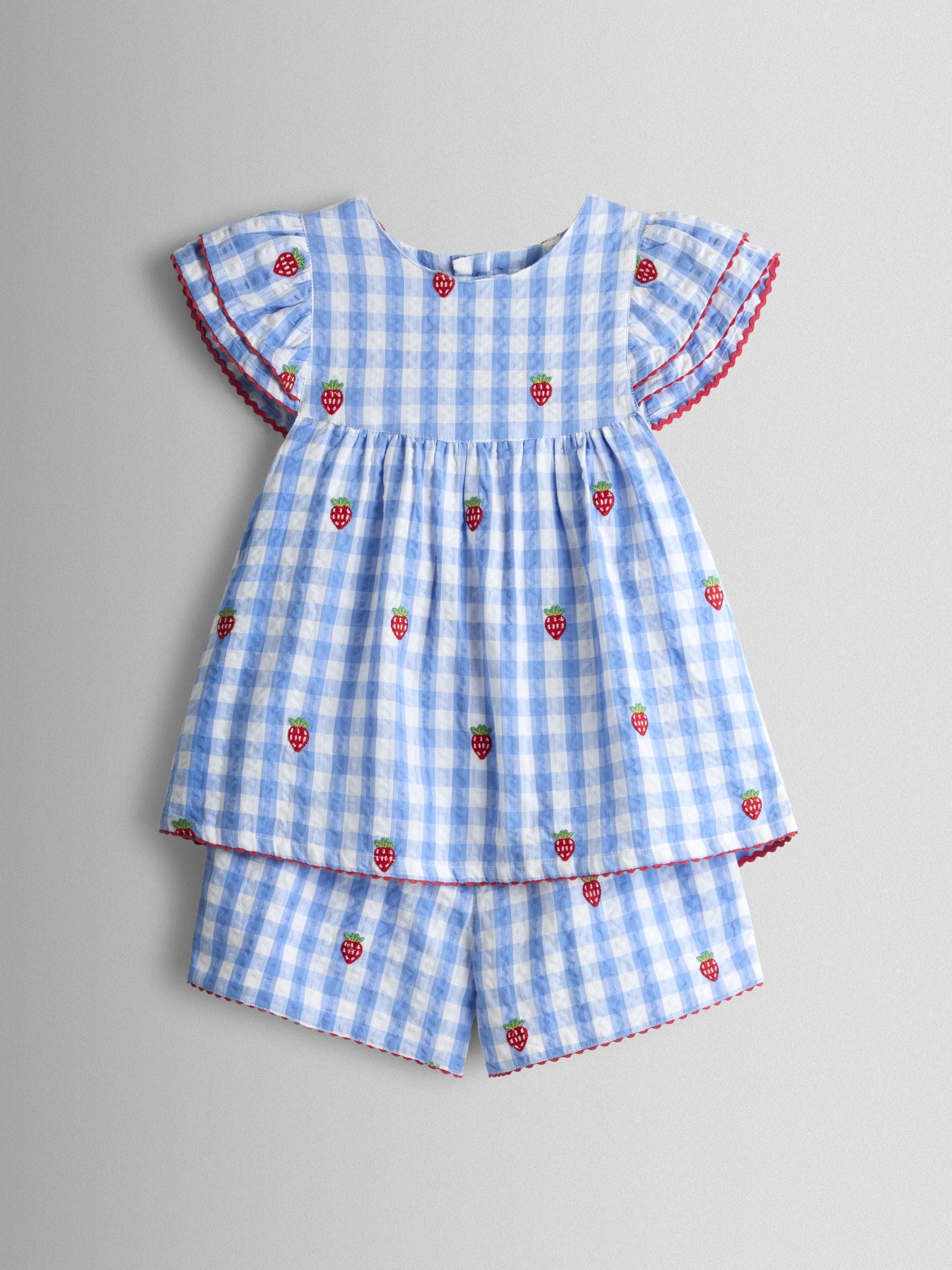 JoJo Maman Bébé Blue Gingham Strawberry Frill Sleeve Embroidered Top & Short Set image 2