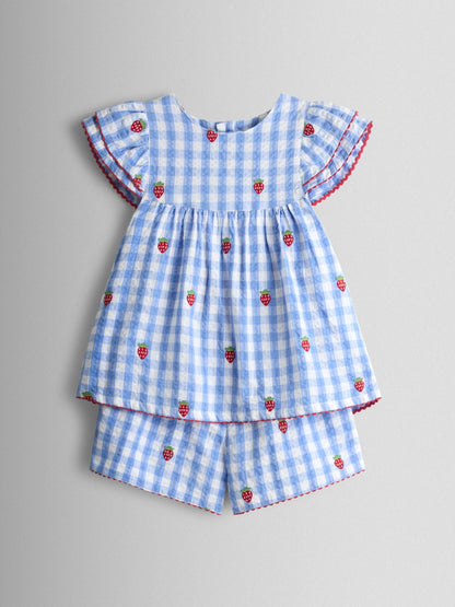 JoJo Maman Bébé Blue Gingham Strawberry Frill Sleeve Embroidered Top & Short Set image 2