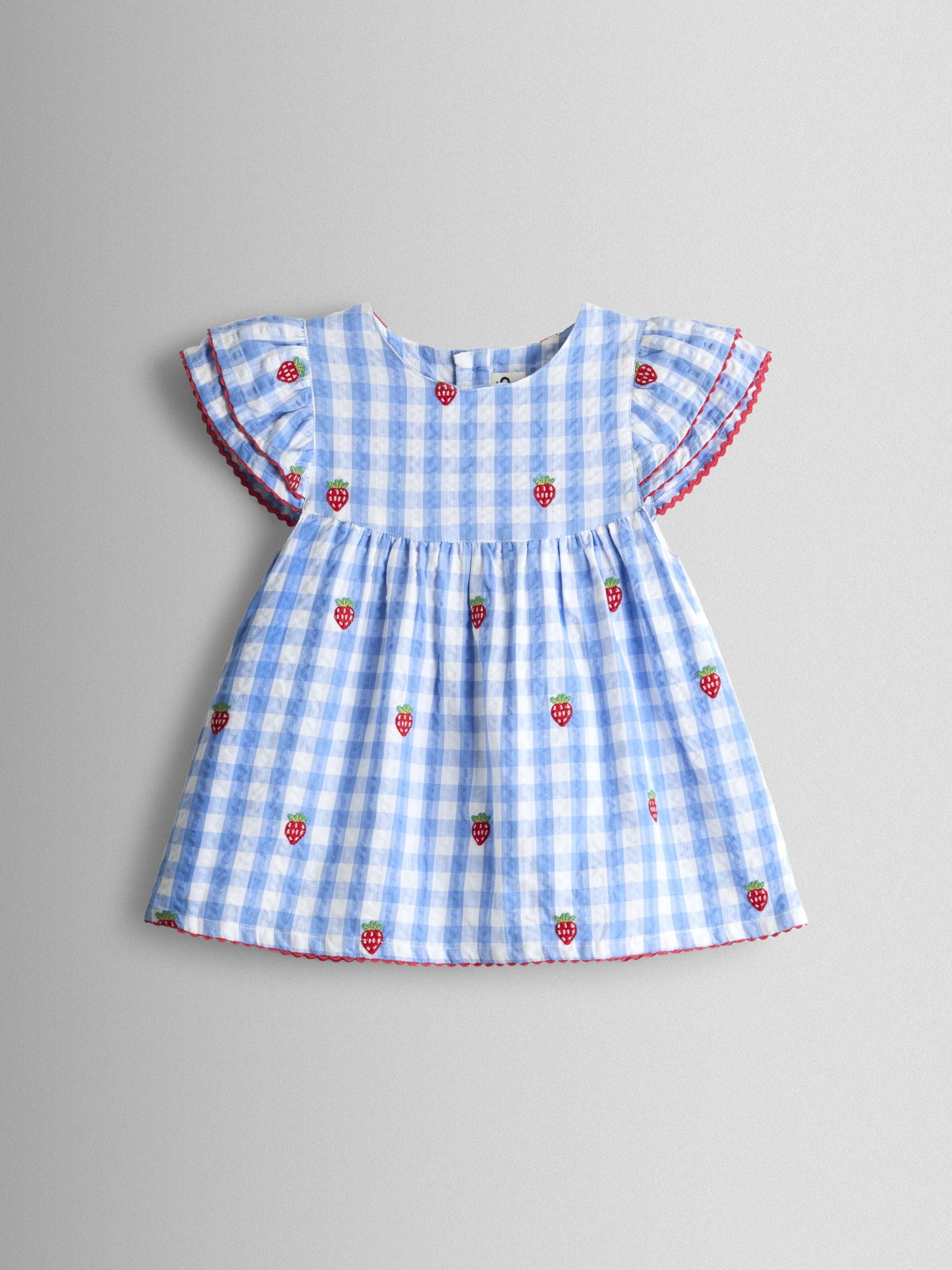 JoJo Maman Bébé Blue Gingham Strawberry Frill Sleeve Embroidered Top & Short Set image 3