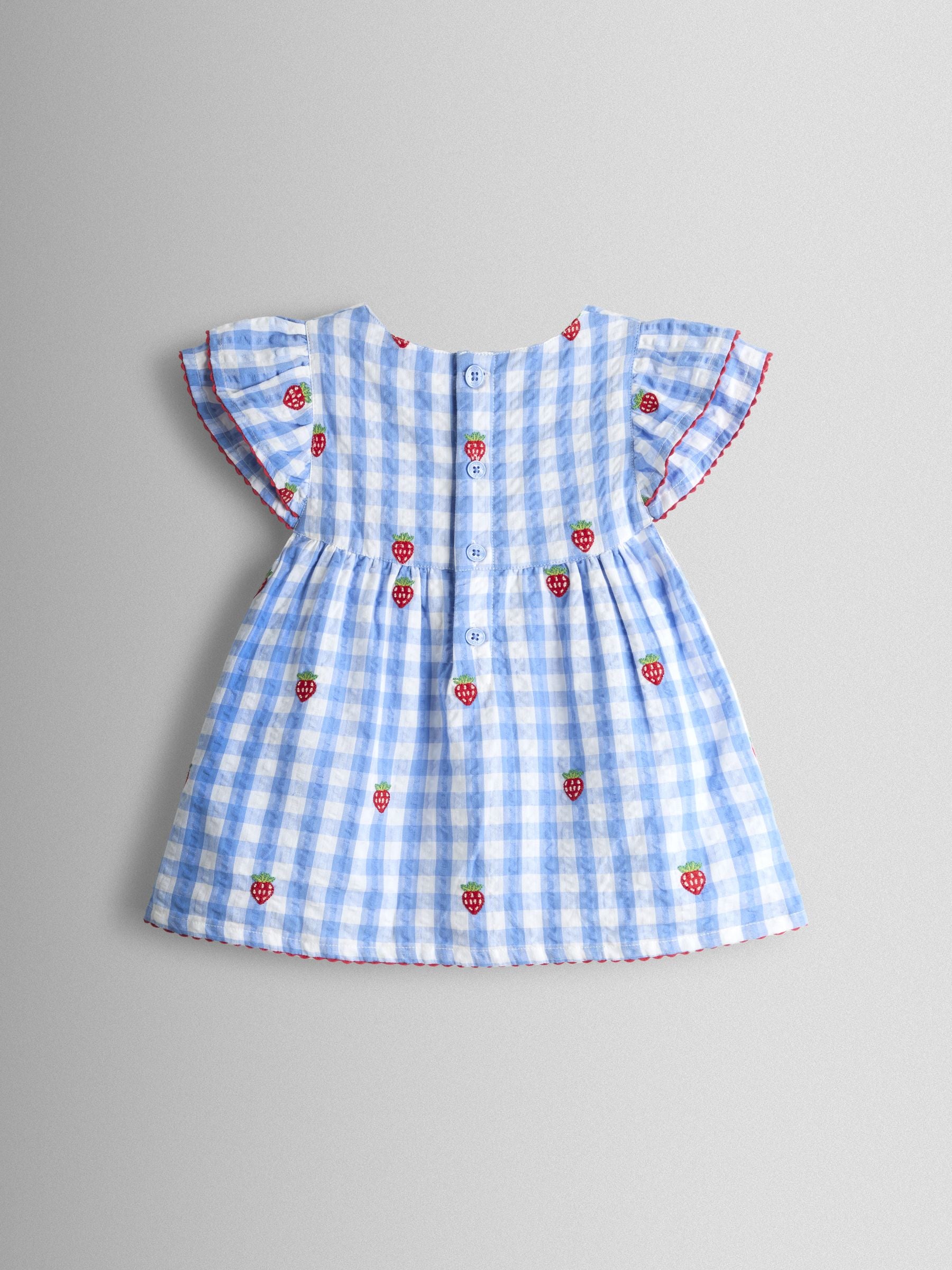 JoJo Maman Bébé Blue Gingham Strawberry Frill Sleeve Embroidered Top & Short Set image 4