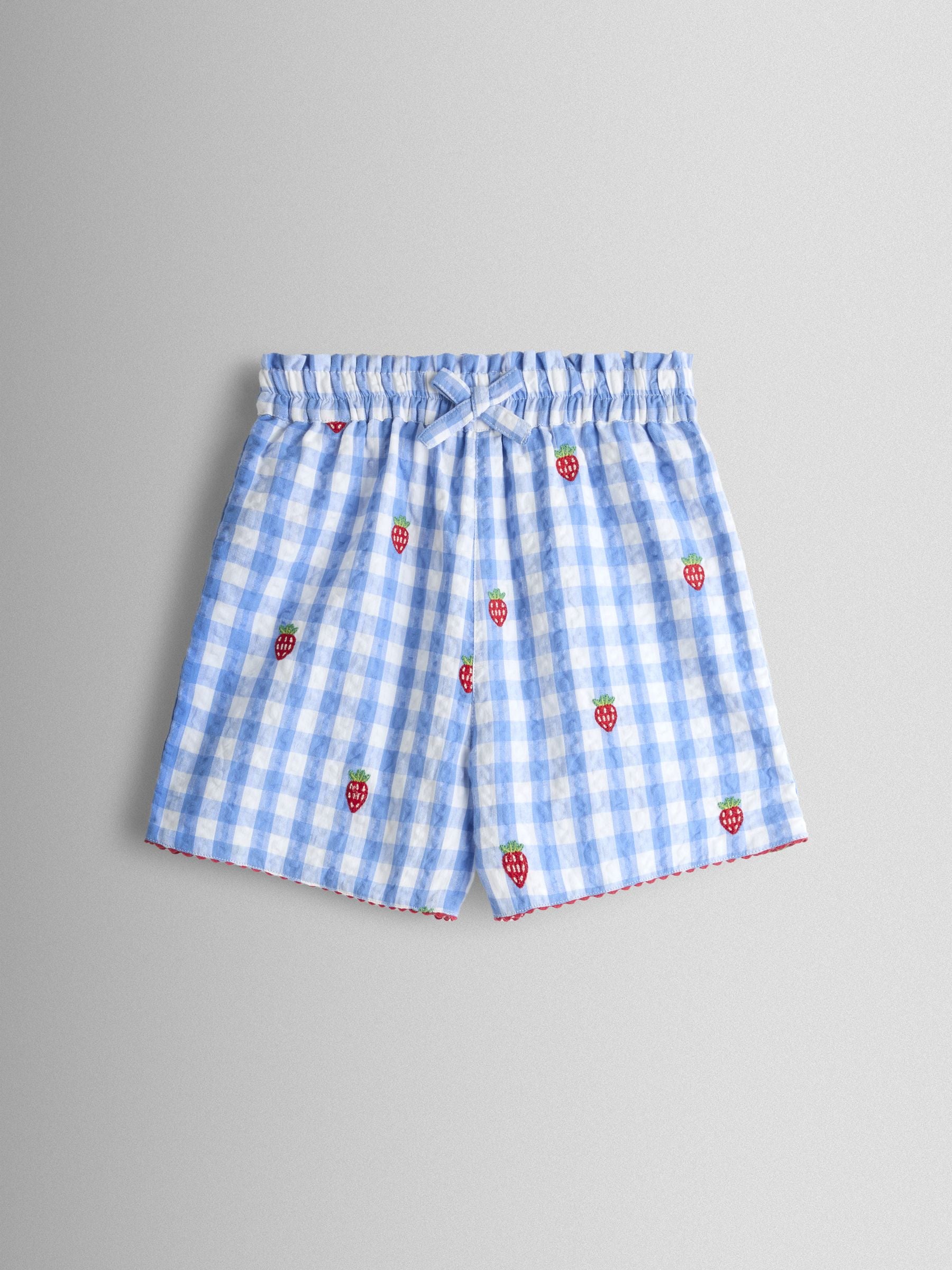 JoJo Maman Bébé Blue Gingham Strawberry Frill Sleeve Embroidered Top & Short Set image 5