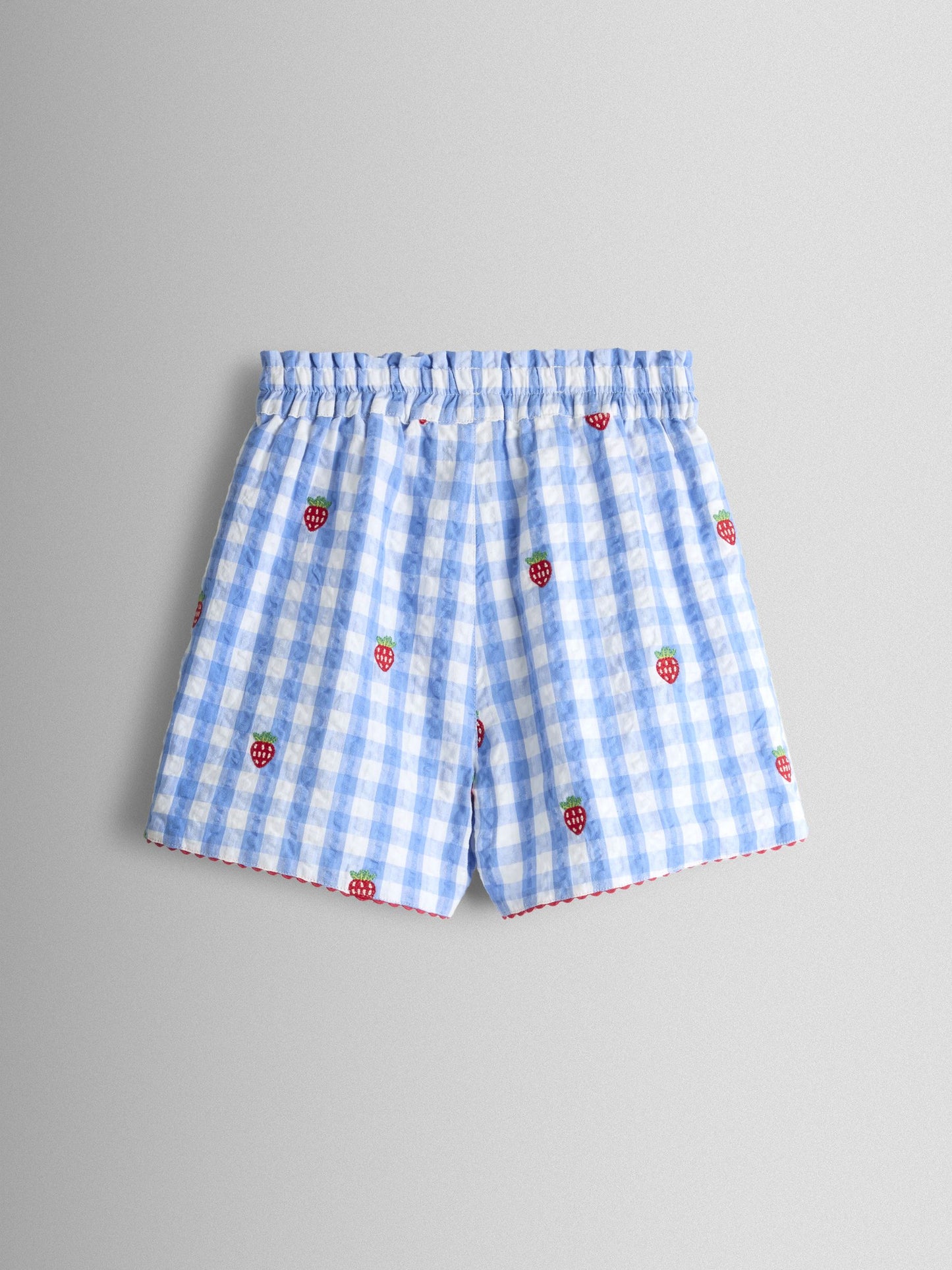 JoJo Maman Bébé Blue Gingham Strawberry Frill Sleeve Embroidered Top & Short Set image 6