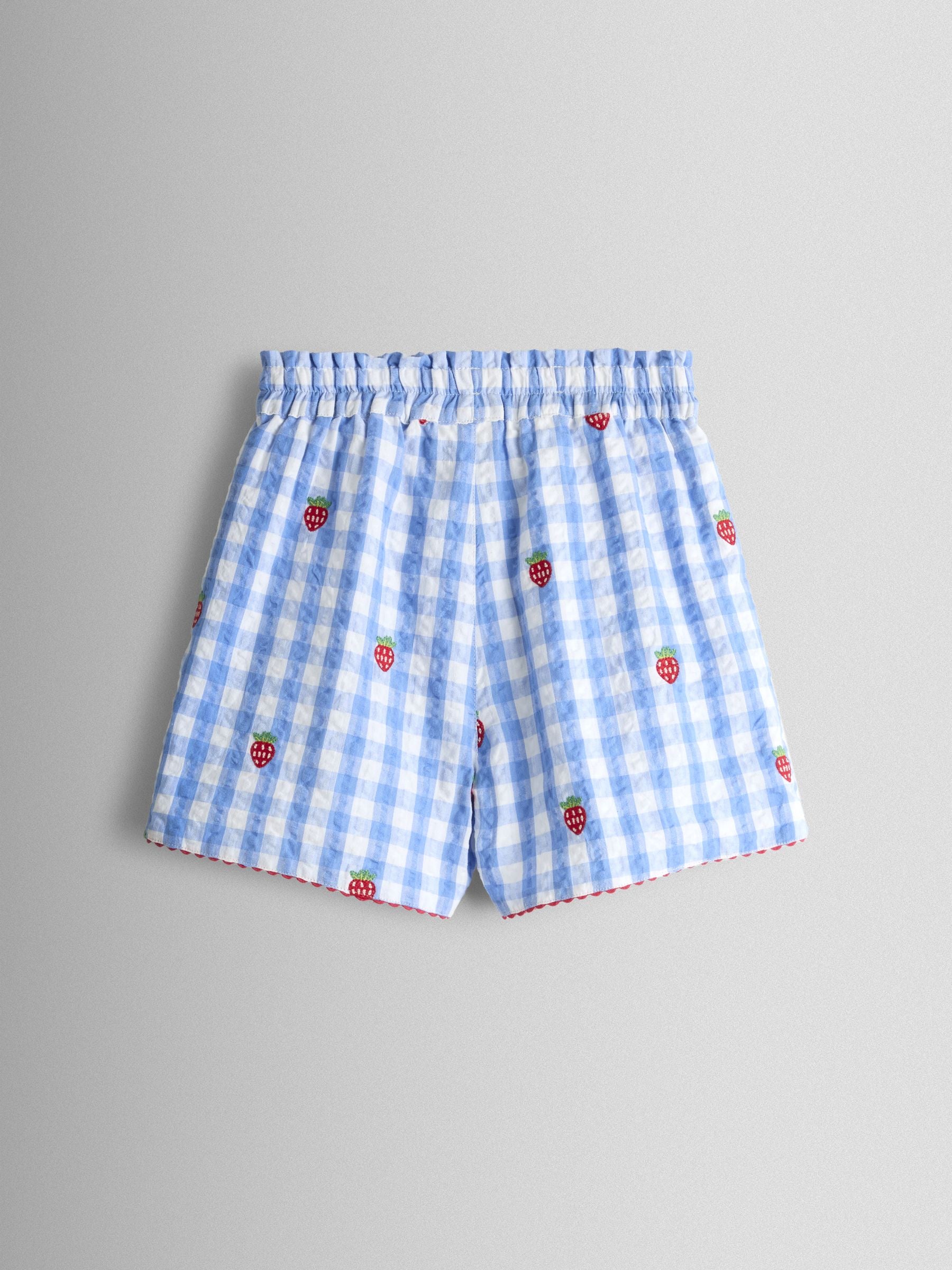 JoJo Maman Bébé Blue Gingham Strawberry Frill Sleeve Embroidered Top & Short Set image 6