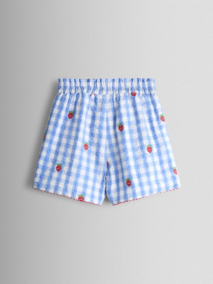 JoJo Maman Bébé Blue Gingham Strawberry Frill Sleeve Embroidered Top & Short Set image 6