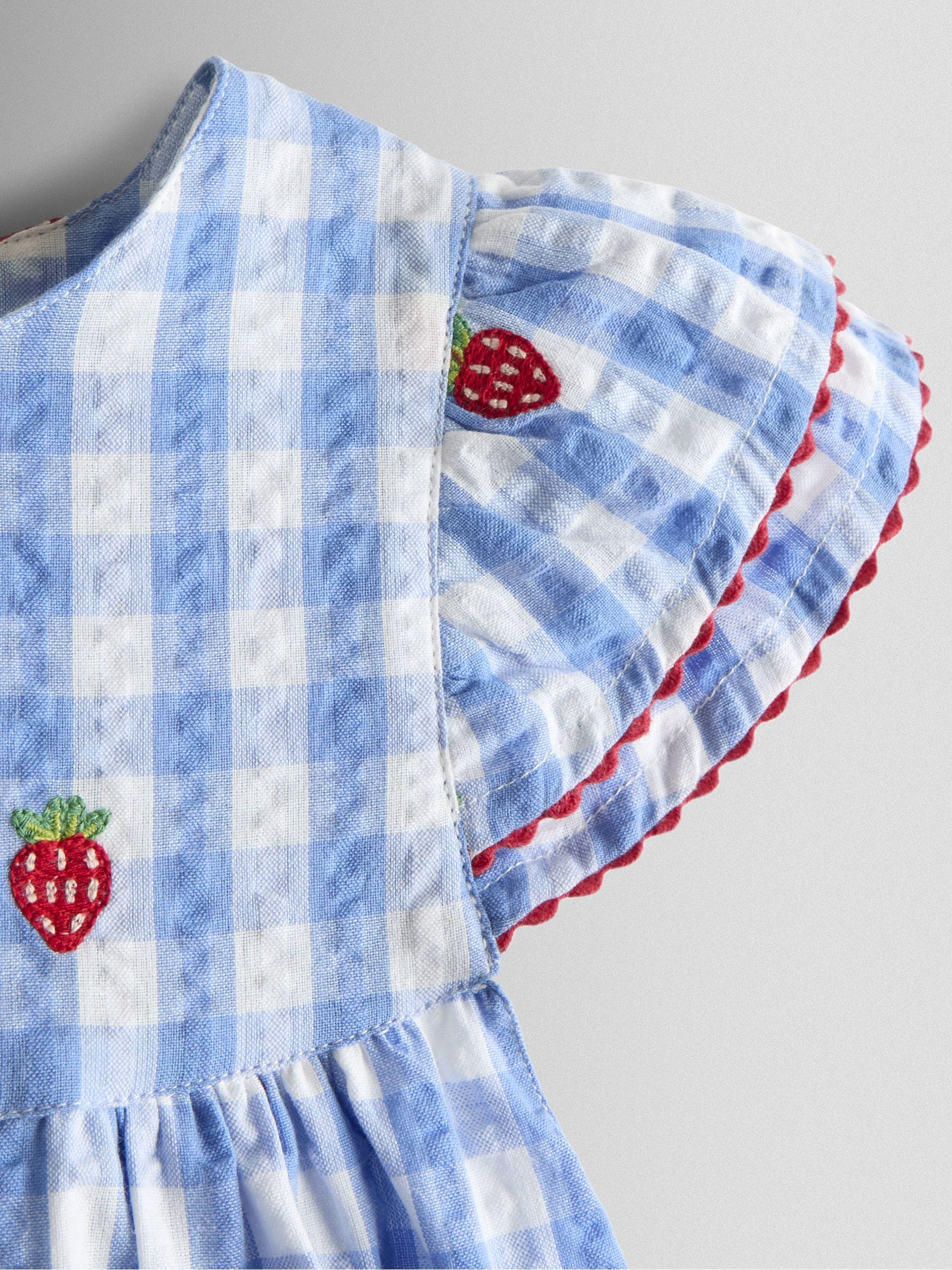 JoJo Maman Bébé Blue Gingham Strawberry Frill Sleeve Embroidered Top & Short Set image 7