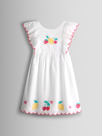 JoJo Maman Bébé White Fruit Applique V-Back Frill Dress image 1