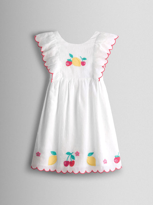 JoJo Maman Bébé White Fruit Applique V-Back Frill Dress image 1