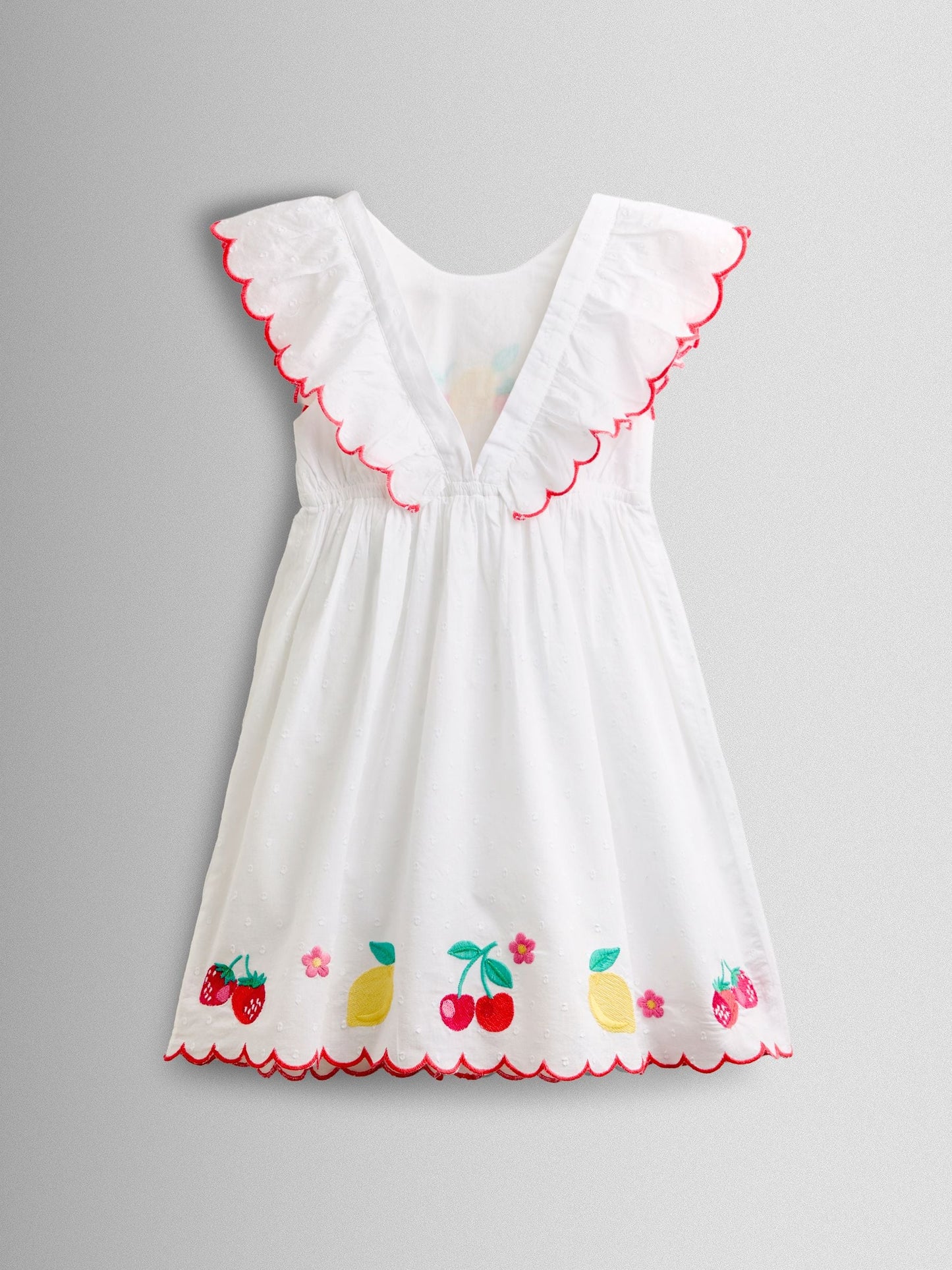 JoJo Maman Bébé White Fruit Applique V-Back Frill Dress image 2
