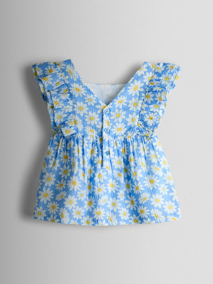 JoJo Maman Bébé Blue Daisy Square Neck Top & Trouser Set image 3