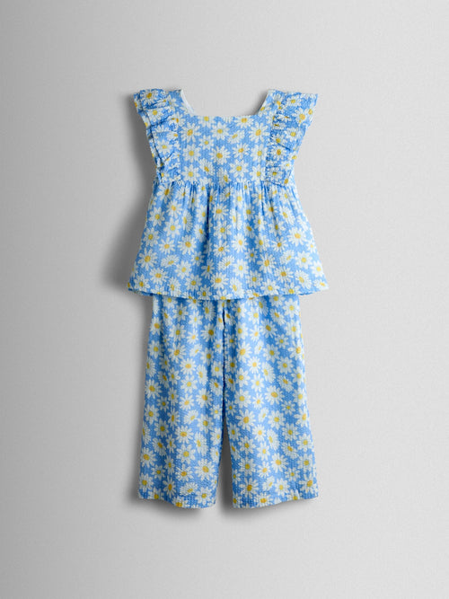 JoJo Maman Bébé Blue Daisy Square Neck Top & Trouser Set image 1