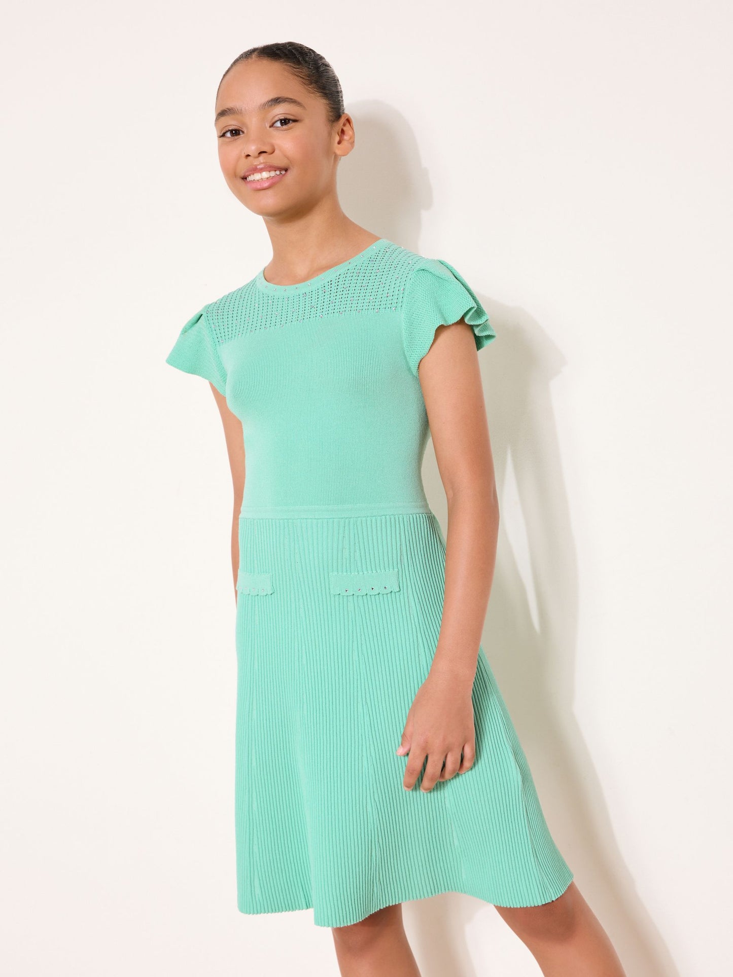 Lipsy Mint Green Diamonte Yoke Knit Dress (5-16yrs) image 2