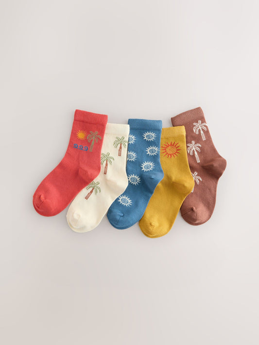 Rust/Ecru Palms Character Cotton Rich Socks 5 Pack image 1