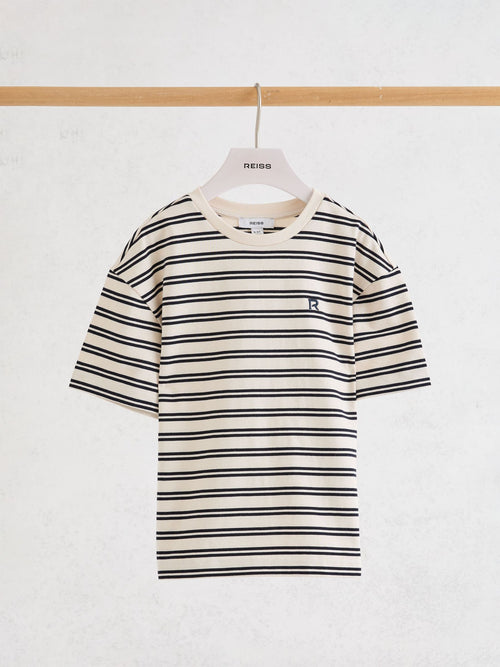 Reiss Navy/White Emerson 9-13 yrs Cotton Stripe Logo-Embroidered T-Shirt image 1