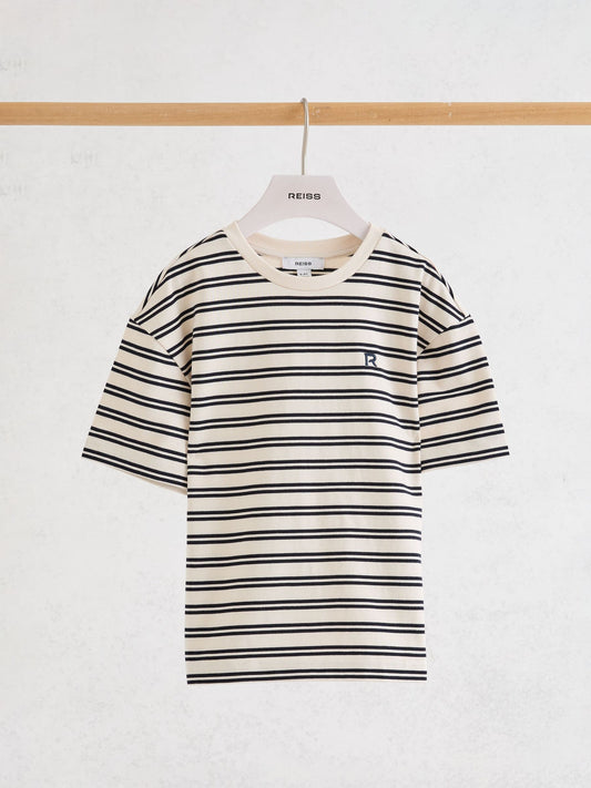 Reiss Navy/White Emerson 9-13 yrs Cotton Stripe Logo-Embroidered T-Shirt image 1
