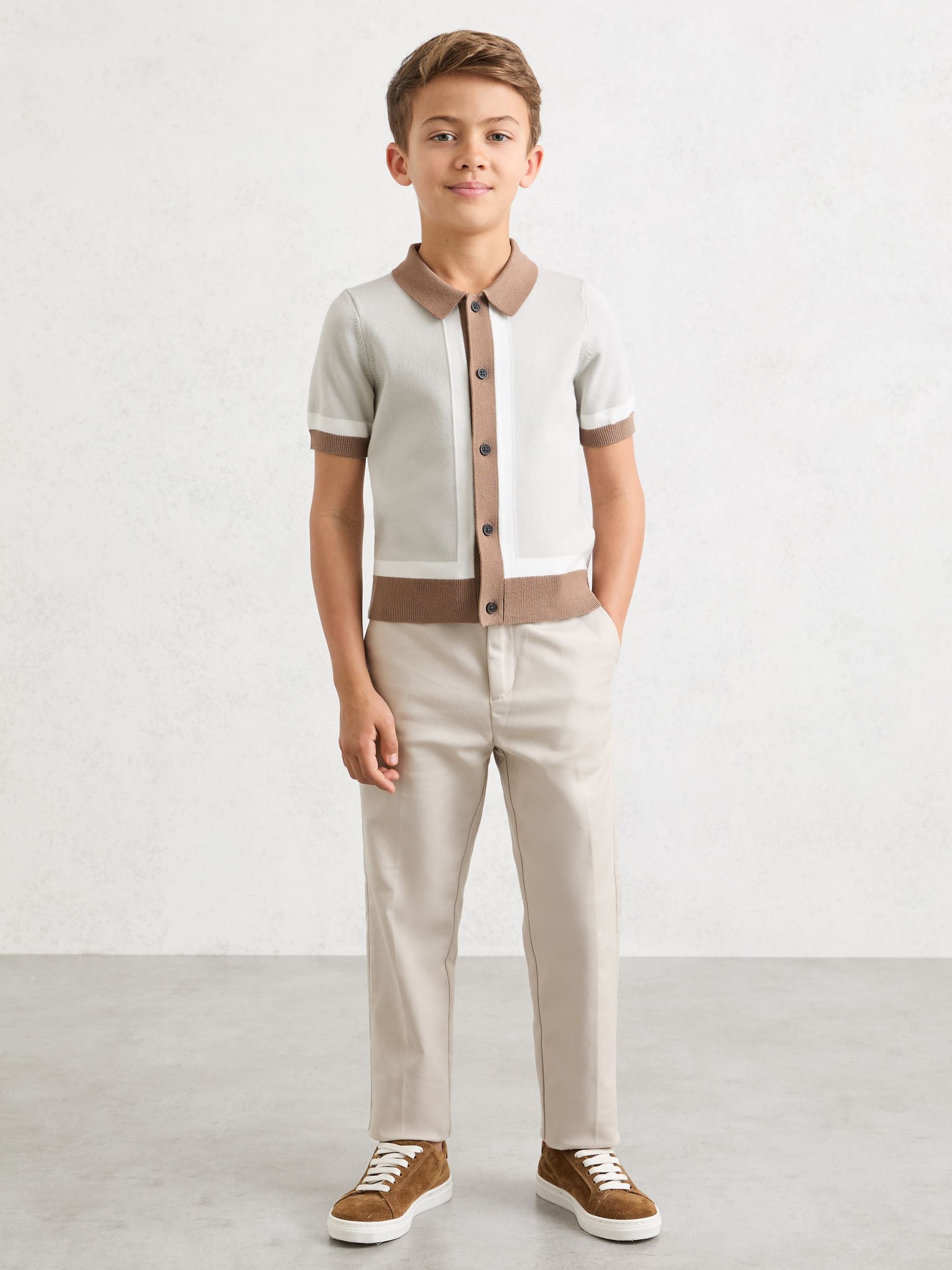 Dsiney Kidz - Reiss Taupe/Off White Craig 3-9 yrs Colour-Block Button-Through Polo Shirt image 1