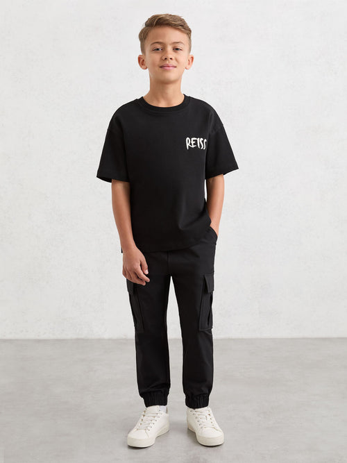 Reiss Black Abbott 3-9 yrs Cotton Relaxed Logo-Print T-Shirt image 1