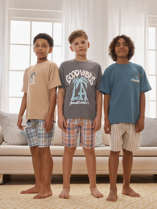 Grey/Stone/Blue Check Short Pyjamas 3 Pack (3-16yrs) image 1