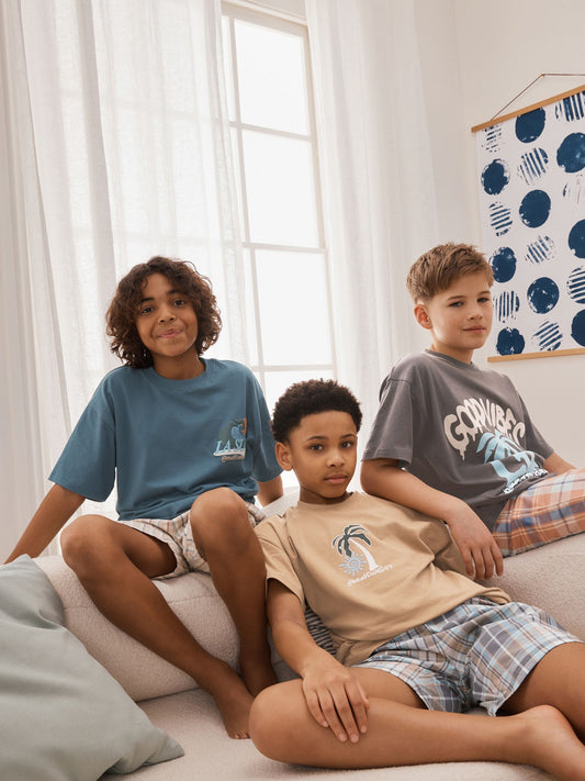 Grey/Stone/Blue Check Short Pyjamas 3 Pack (3-16yrs) image 3