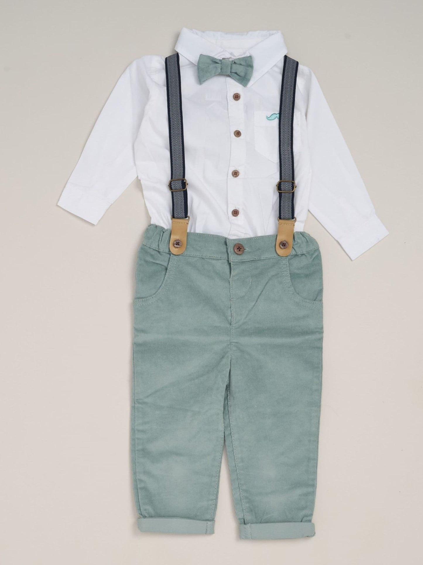 Little Gent Dark Green Corduroy Bow Tie Mock Shirt And Trousers With Braces Outfit Set image 1