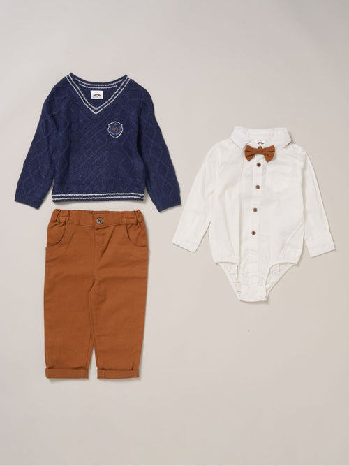 Little Gent Blue True Knit Jumper Bodysuit Trousers And Bow Tie Set image 1
