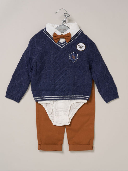 Little Gent Blue True Knit Jumper Bodysuit Trousers And Bow Tie Set image 2