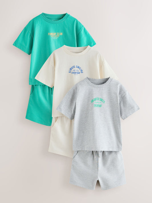 Green/Grey/Ecru Slogan Short Sleeve T-Shirt and Shorts Set 3 Pack (3mths-7yrs) image 1