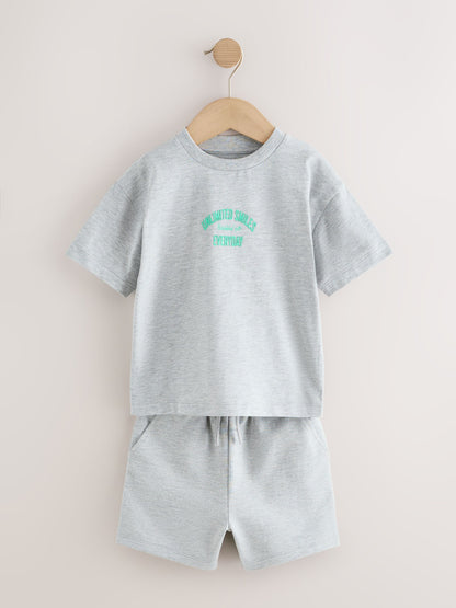 Green/Grey/Ecru Slogan Short Sleeve T-Shirt and Shorts Set 3 Pack (3mths-7yrs) image 5
