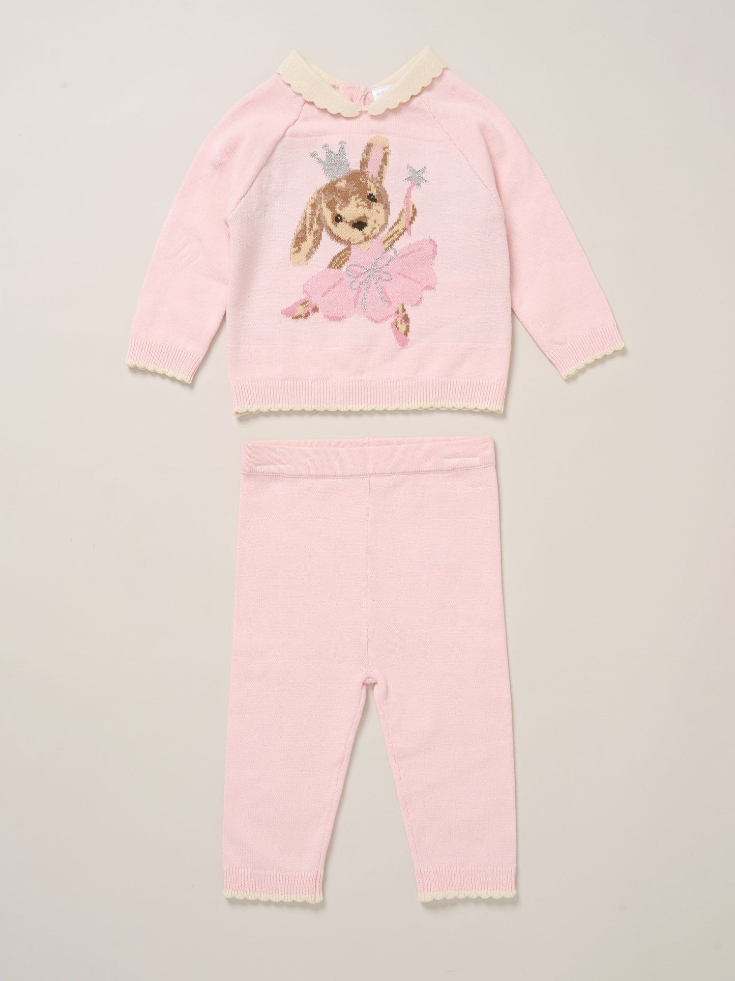 Rock-A-Bye Baby Boutique Light Pink True Knit Bear Jumper And Trousers Outfit Set image 1